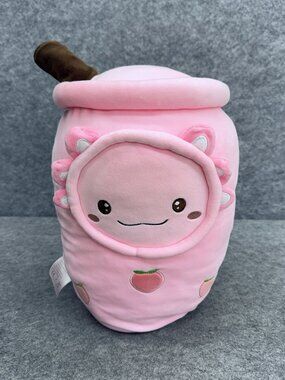 Cute Kawaii Axolotl Boba Tea Plush Stuffed Foodie Toy, Pink Peach 13" Kids Gift